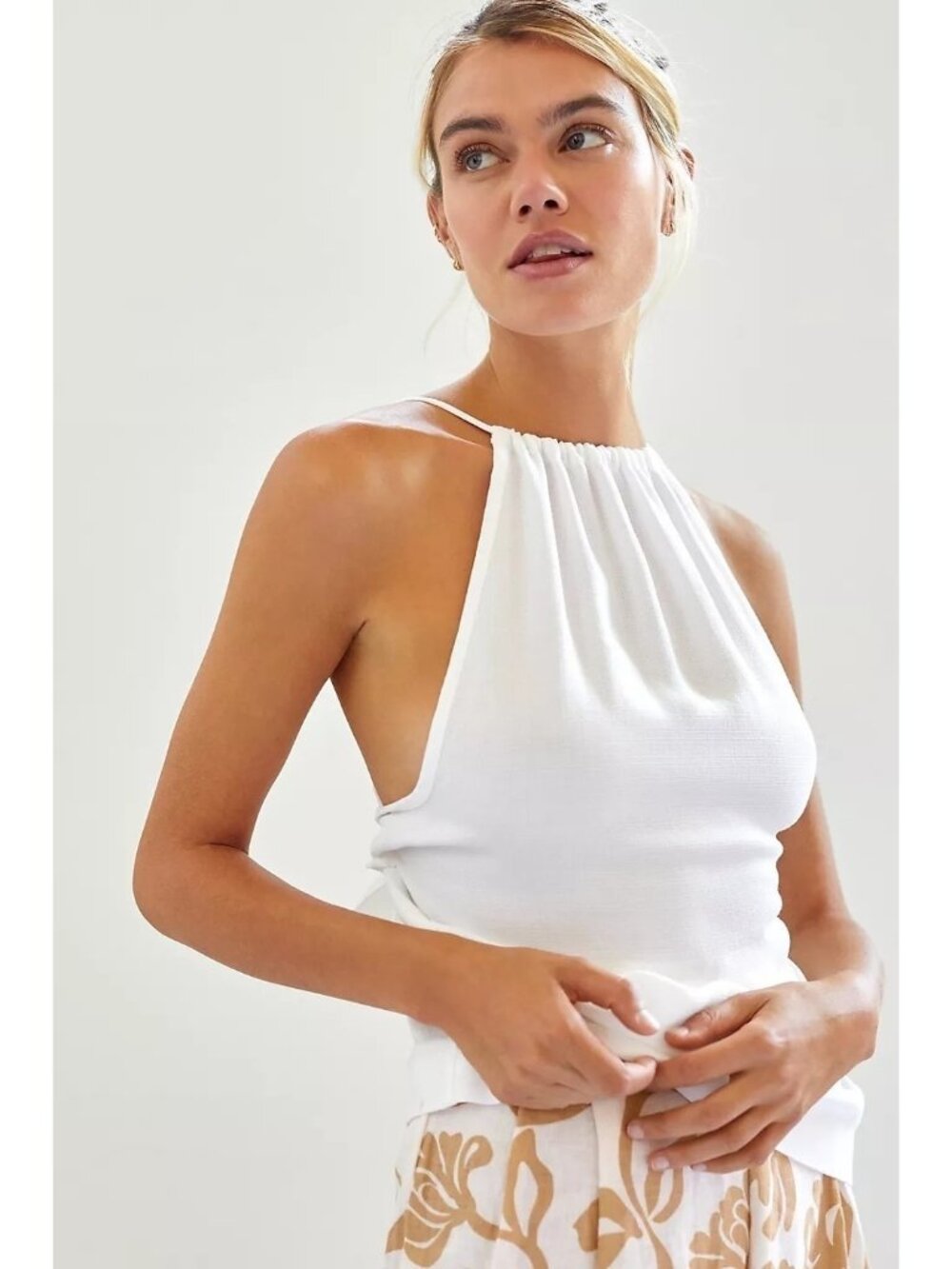 Cloth & Stone White Tencel Lyocell Halter Tie-Back Tank Top